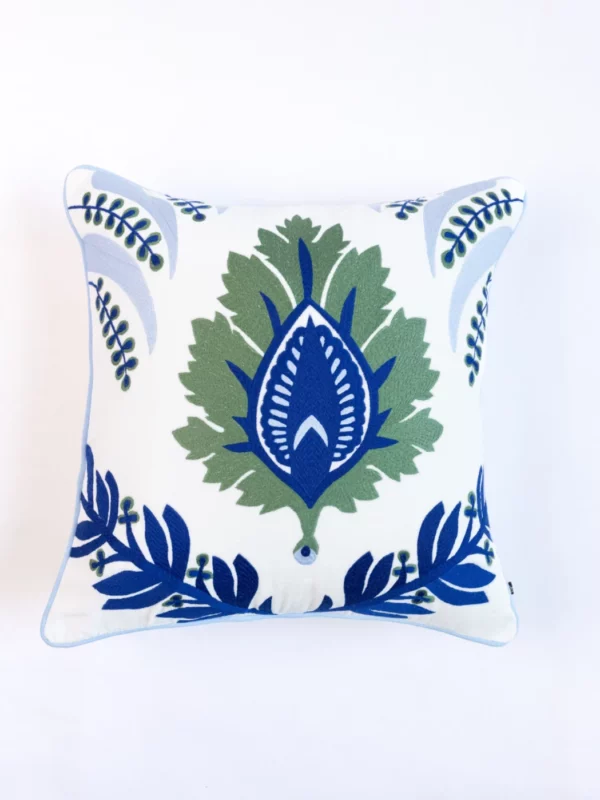 Hamptons Style Multi Embroidered Green & Blue Chinar Leaf Cushion Cover