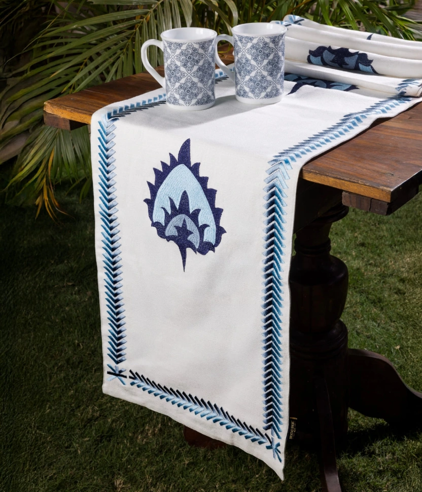 Hamptons Style Multi Embroidered Blue Paisley Runner