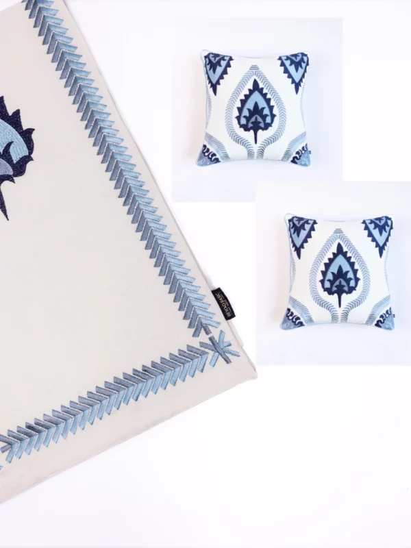Set of 3 - Hamptons Style Multi Embroidered Blue Paisley Cushion Covers with Blue Paisley Table Runner