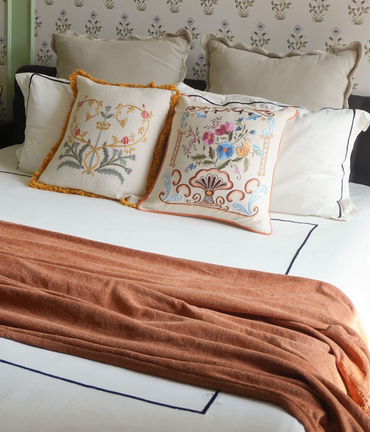 Set of 2 - Country Style Multi Embroidered Floral Crown with Classic Fountain Cushion Covers