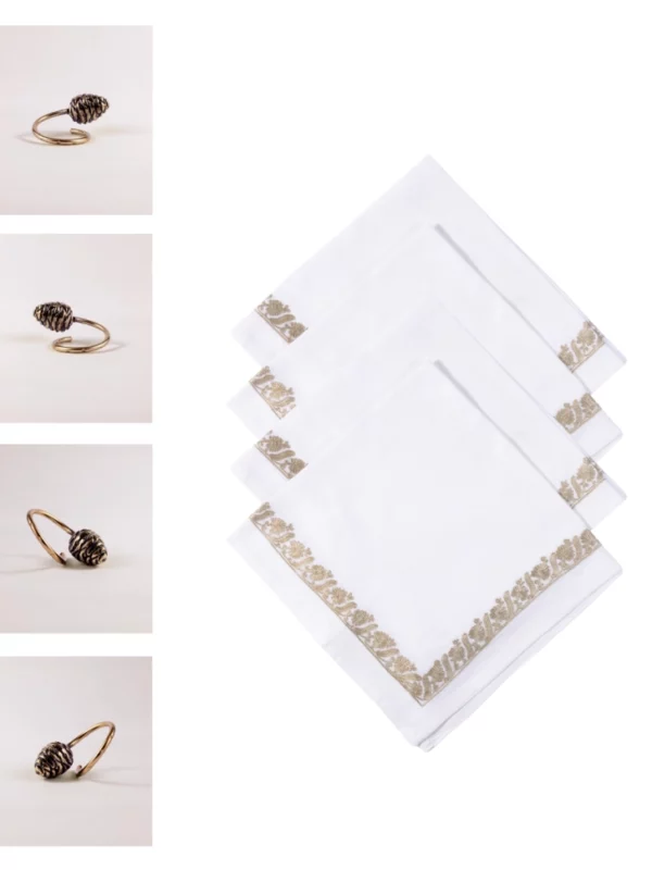 Set of 2 - Aari Embroidered Chestnut Veil Dinner Napkins with Himalayan Golden Pine Cone Charm Napkin Rings (8 Piece Set)