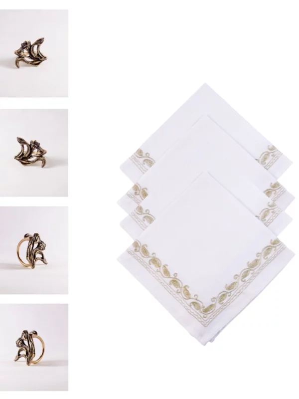Set of 2 - Zari Embroidered Golden Paisley Dinner Napkins with Kasheer-Hund Golden Napkin Rings (8 Piece Set)