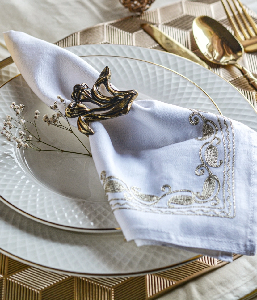 Set of 2 - Zari Embroidered Golden Paisley Dinner Napkins with Kasheer-Hund Golden Napkin Rings (8 Piece Set)