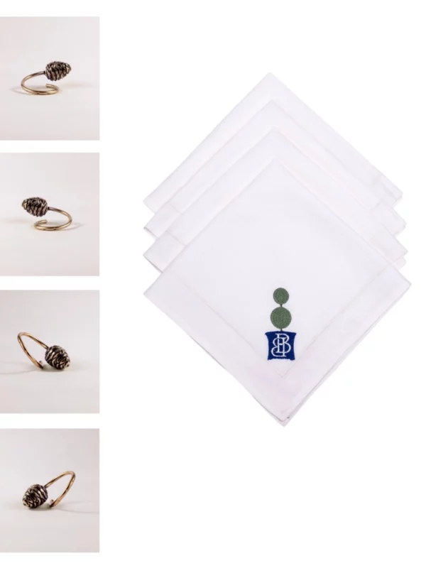 Set of 2 - Hamptons Style Multi Embroidered Eugenia Bush Dinner Napkins with Himalayan Golden Pine Cone Charm Napkin Rings (8 Piece Set)