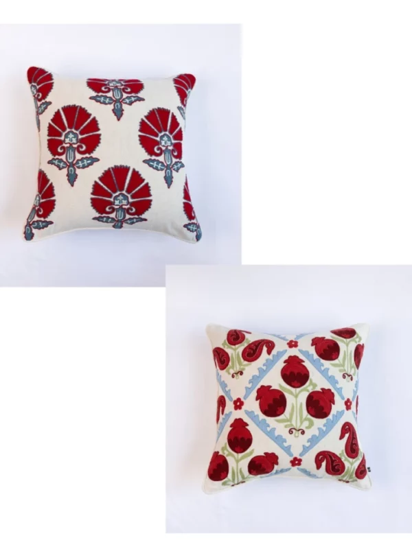 Set of 2 - Suzani Style Aari Embroidered Red Wedlock with Dainposh Cushion Covers