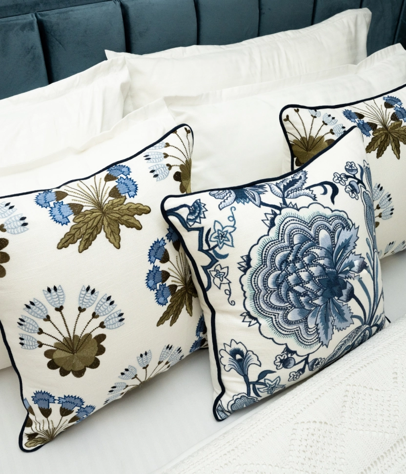 Set of 2 - Hamptons Style Multi Embroidered Blue Blossom with Green & Blue Forest Bush Cushion Covers
