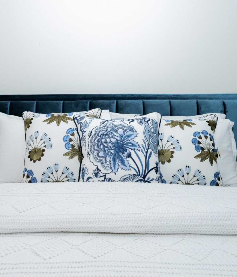 Set of 3 - Hamptons Style Multi Embroidered Blue Blossom with Green & Blue Forest Bush Cushion Covers