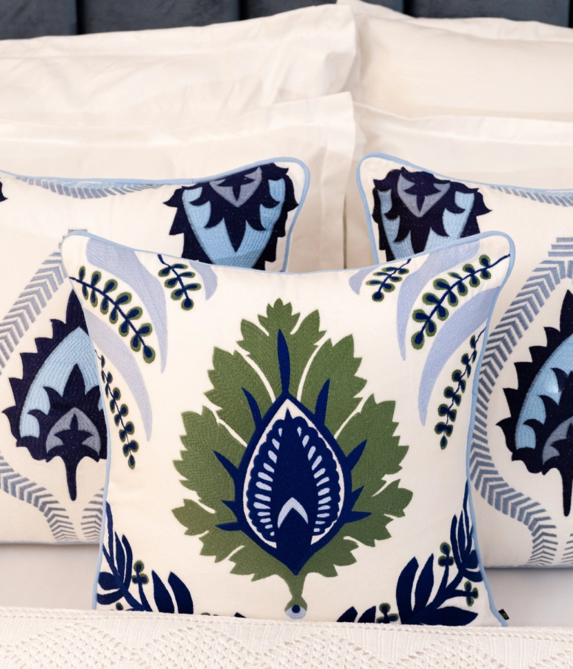 Set of 3 - Hamptons Style Multi Embroidered Blue Paisley with Green & Blue Chinar Leaf Cushion Covers